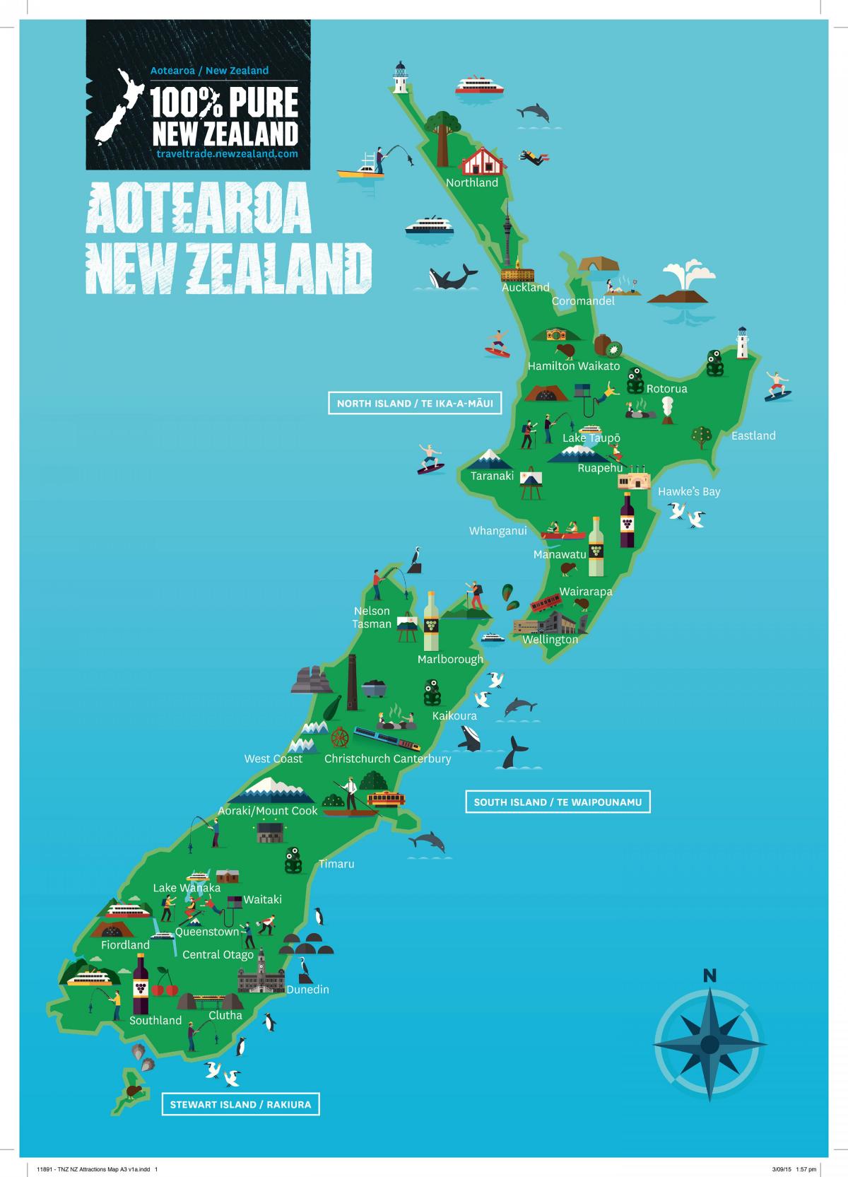 Mapa das atrações turísticas da Nova Zelândia