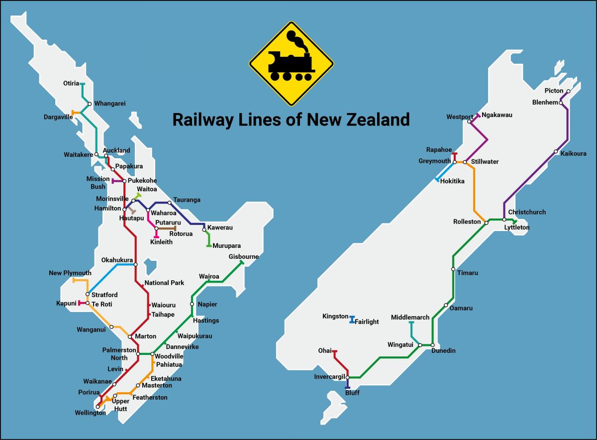 Mapa das linhas de trem da Nova Zelândia