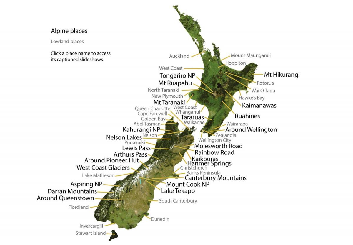 Mapa das montanhas na Nova Zelândia